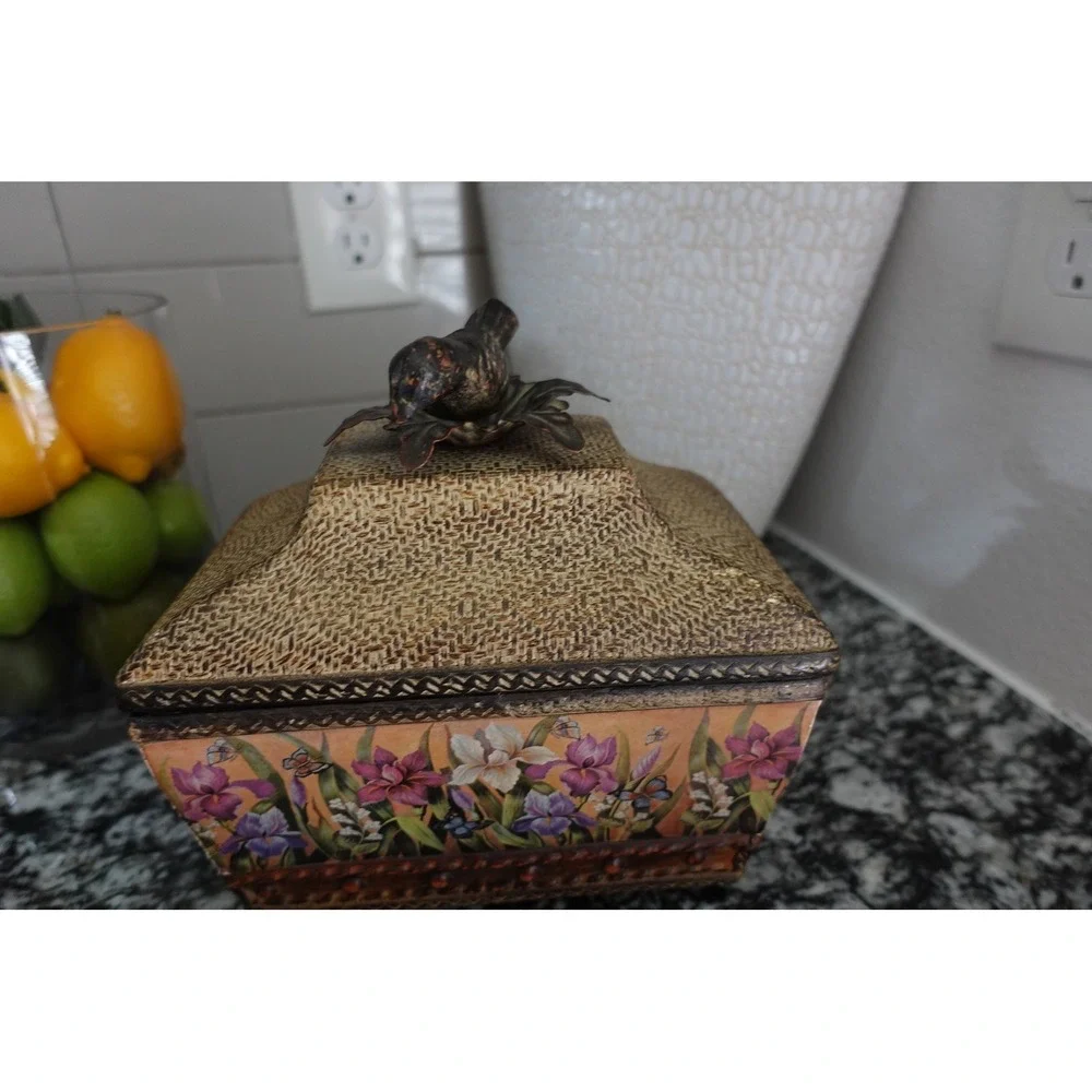 vintage woven‎ metal bird basket trinket storage with lid